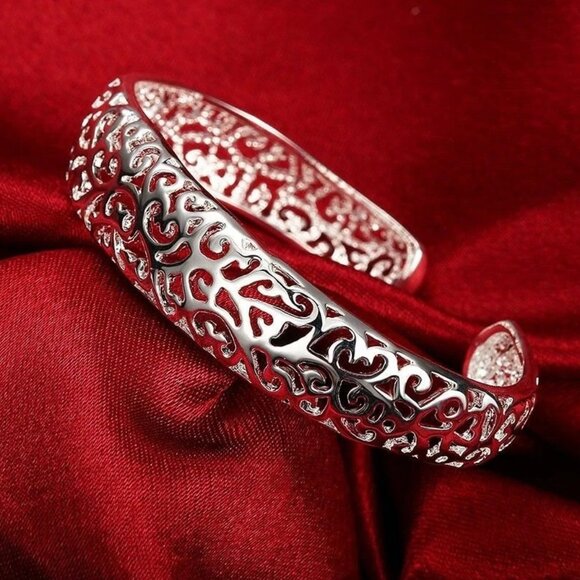 Elegant 925 Sterling Silver Hollow Flower Wristband Bracelet Open Bangle Cuff - Picture 1 of 6
